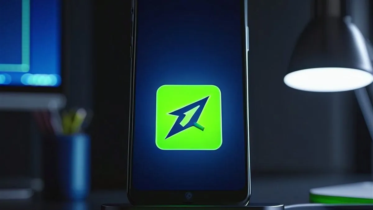 Celular en una base iluminada con un icono verde limón en pantalla azul