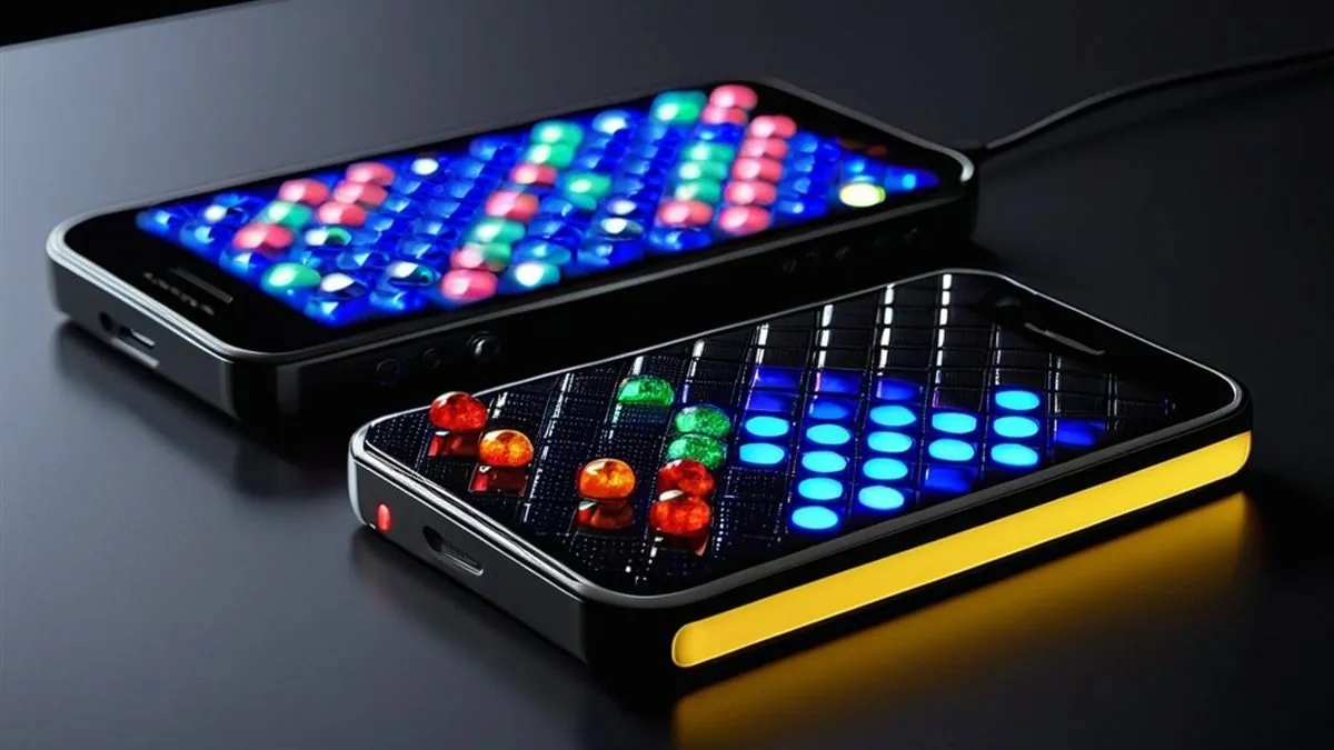 Dos celulares sobre una mesa oscura con cuadrículas de fichas de juego de colores
