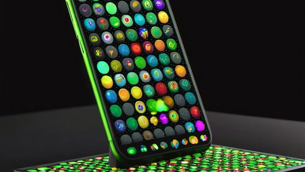Celular con borde verde y una cuadrícula de iconos redondos de colores en pantalla