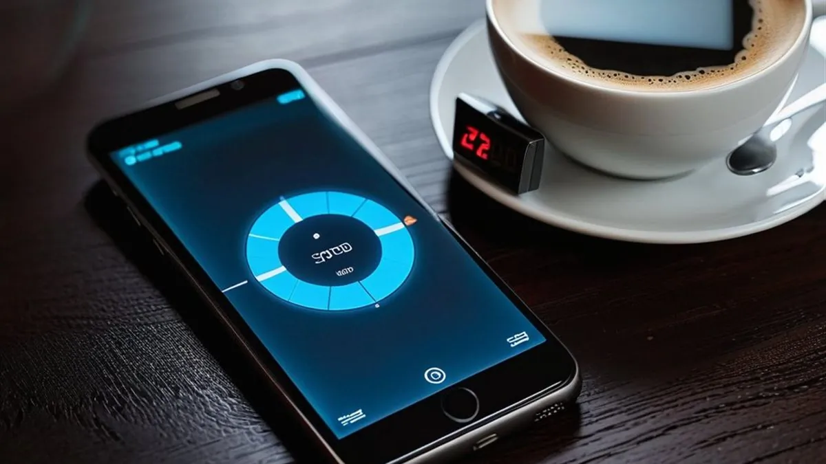 Celular con un temporizador circular azul en pantalla junto a una taza de café