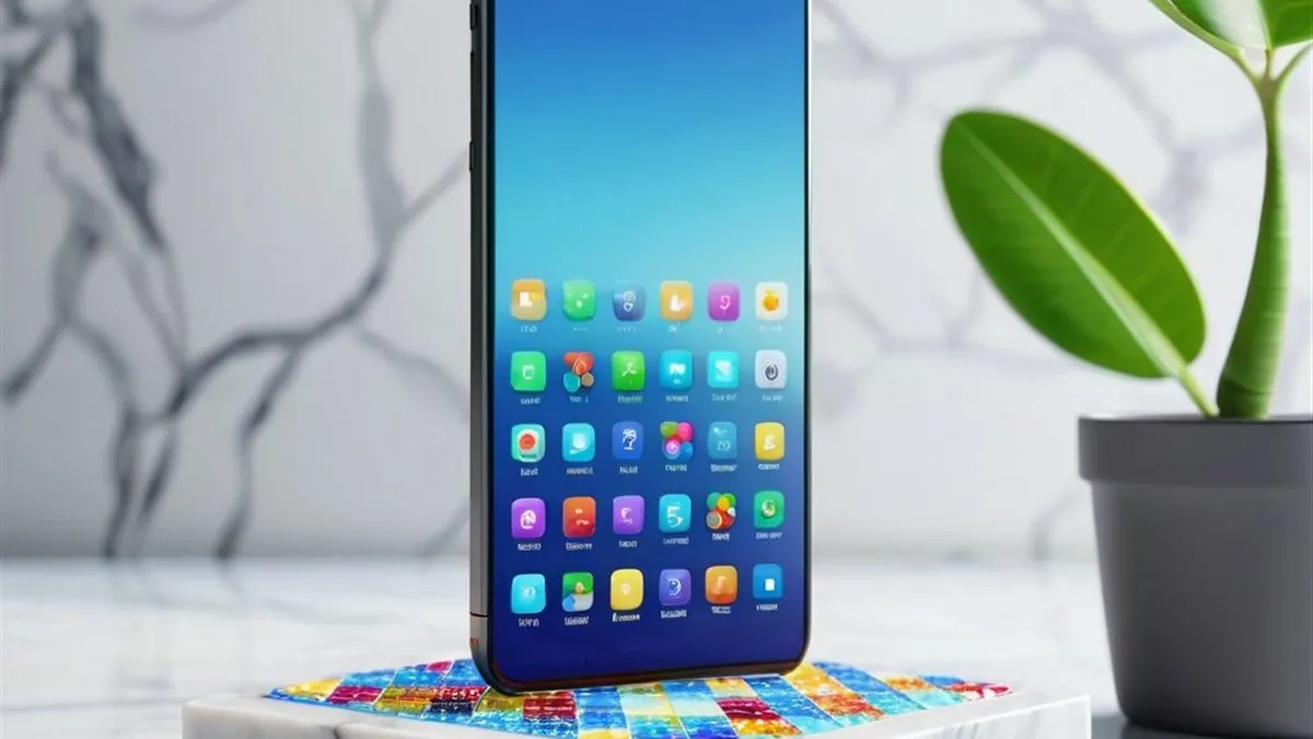 Celular sobre una base de mármol blanco con iconos de aplicaciones junto a una planta