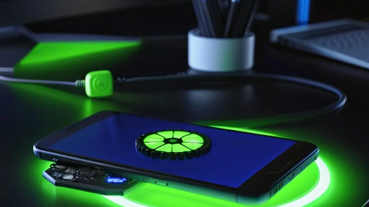 Celular sobre un escritorio oscuro con un engrane verde luminoso en pantalla azul